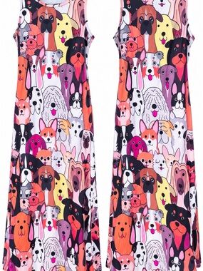🐶 Dog Lover Colorful Puppy Print Sleeveless Maxi Dress M/L
